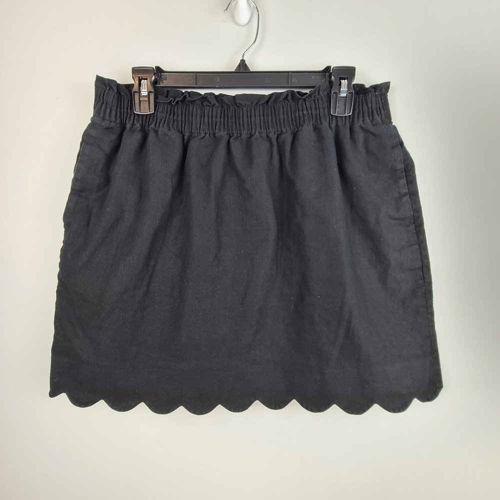 J.Crew Black Linen Cotton Scalloped Hem Mini Skirt Paperbag Waist Pockets 12